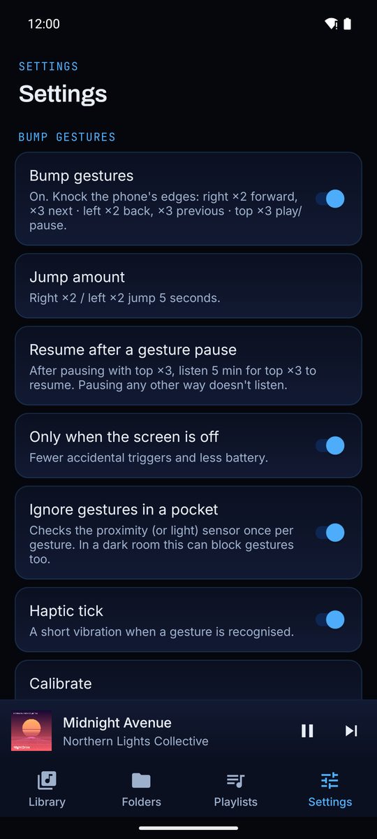Bump gesture settings: on and off switch, jump amount and what each side of the phone does.