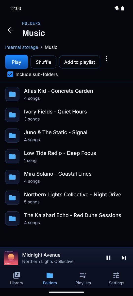 Folders: Browse the folders on your phone and play or shuffle any of them.