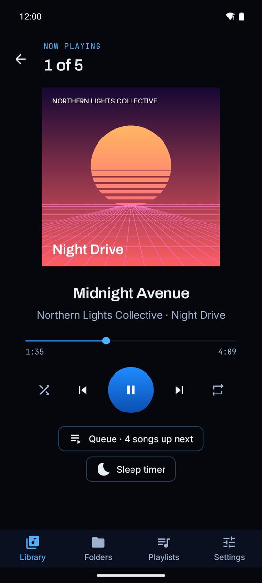 The Now Playing screen: album art, song title, a progress bar and large play controls.