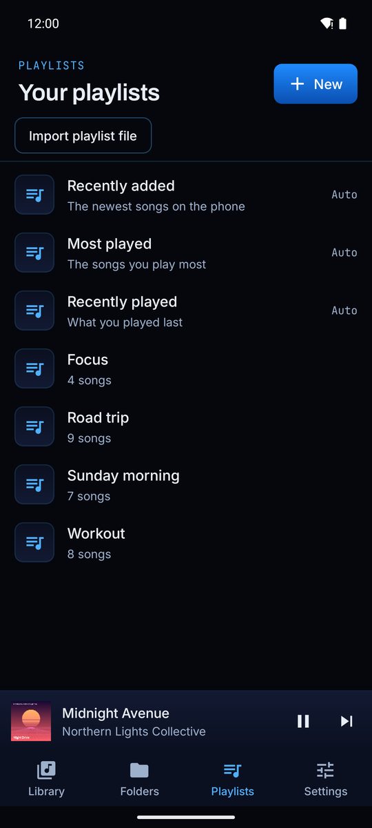 Playlists: Your own lists next to Recently added, Most played and Recently played.
