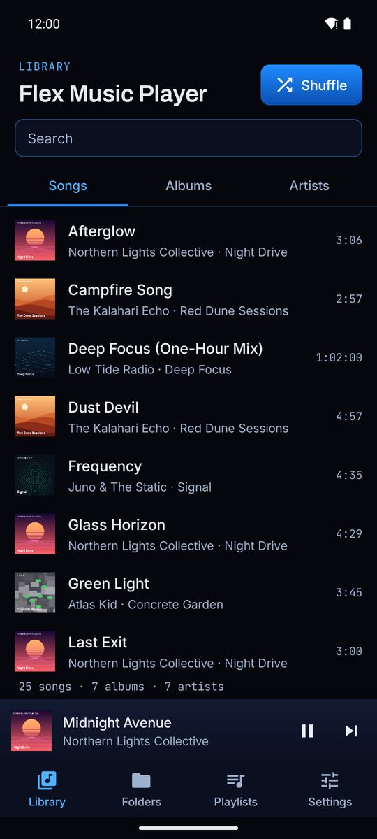 Your songs: Every song on the phone, sorted, searchable, with the mini-player at the bottom.